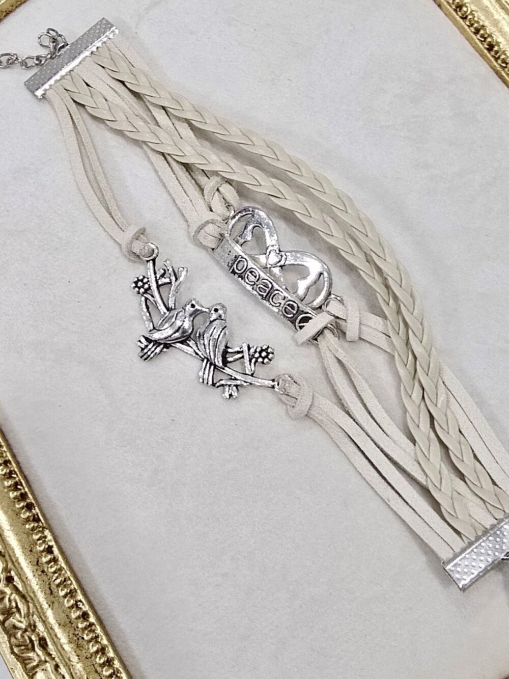Handmade ✦ White Leather Peace & Birds Charm Bracelet ✦ Adjustable Boho Festival